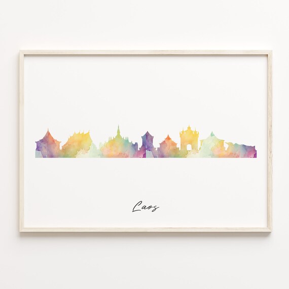 Laos Southeast Asia Watercolor Skyline Cityscape Travel Poster