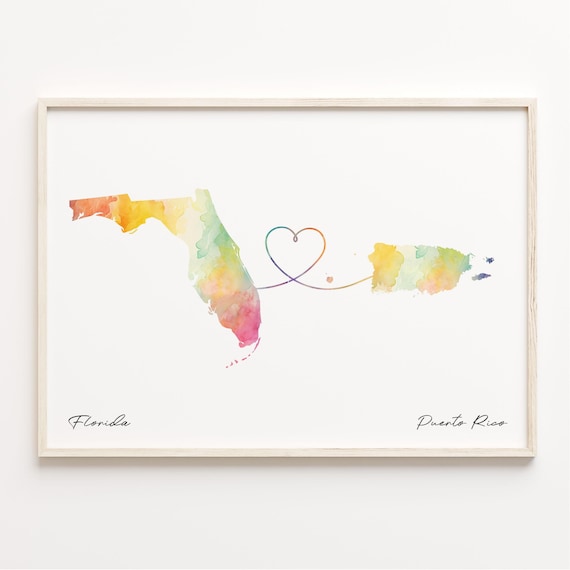 Florida and Puerto Rico Watercolor Map Heart Long Distance Gift Print