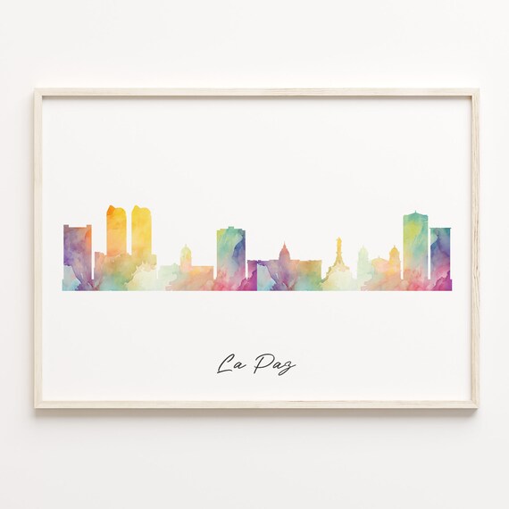 La Paz Bolivia Vibrant Watercolor Script Skyline Cityscape Poster