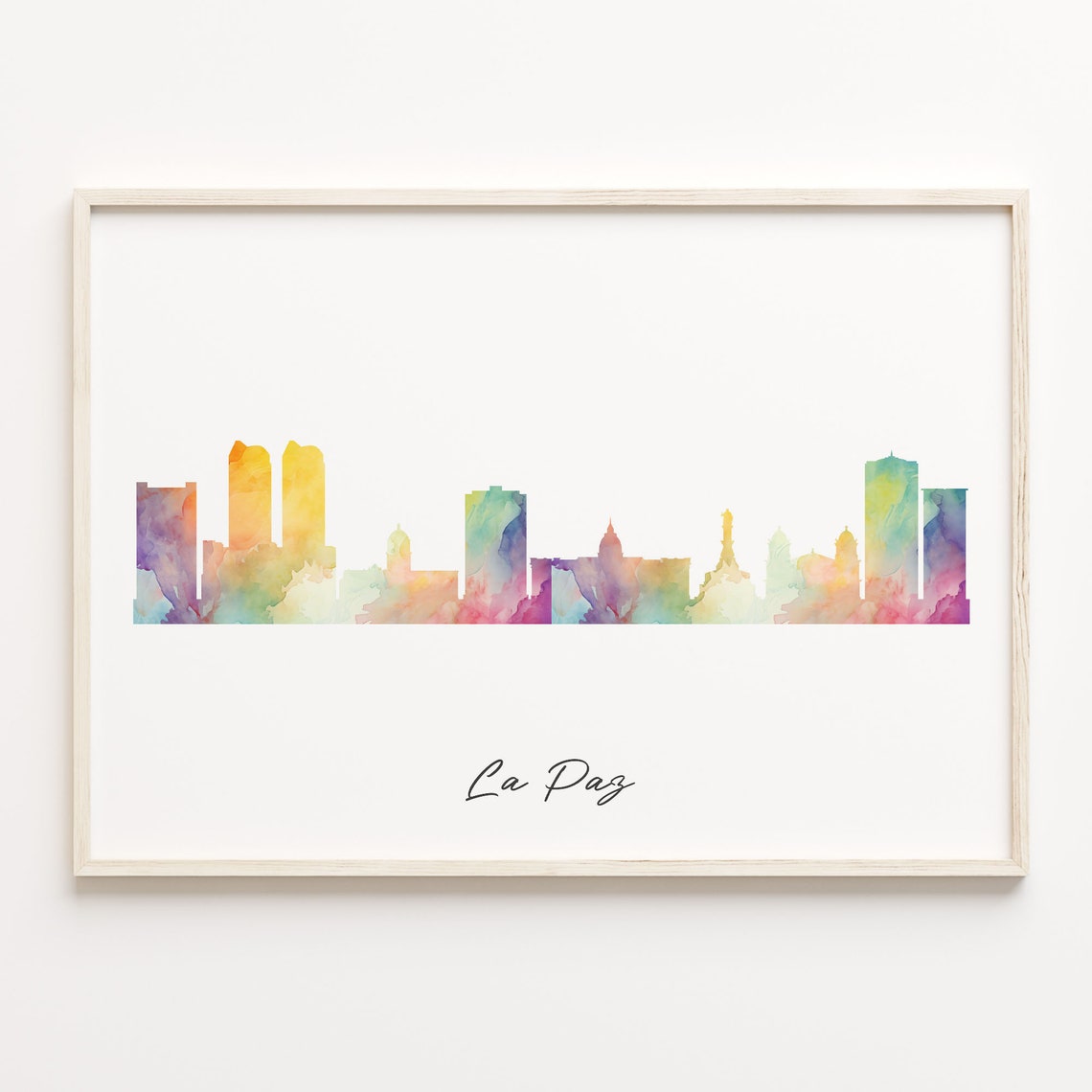 La Paz Bolivia Vibrant Watercolor Script Skyline Cityscape Poster