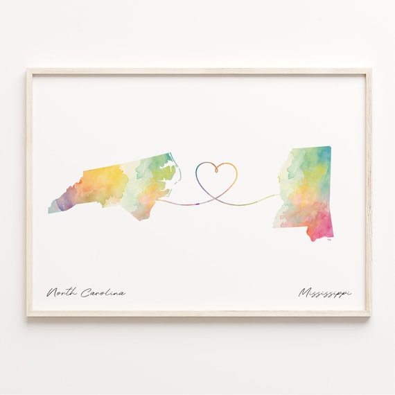 North Carolina To Mississippi Watercolor Love Map Heart Print
