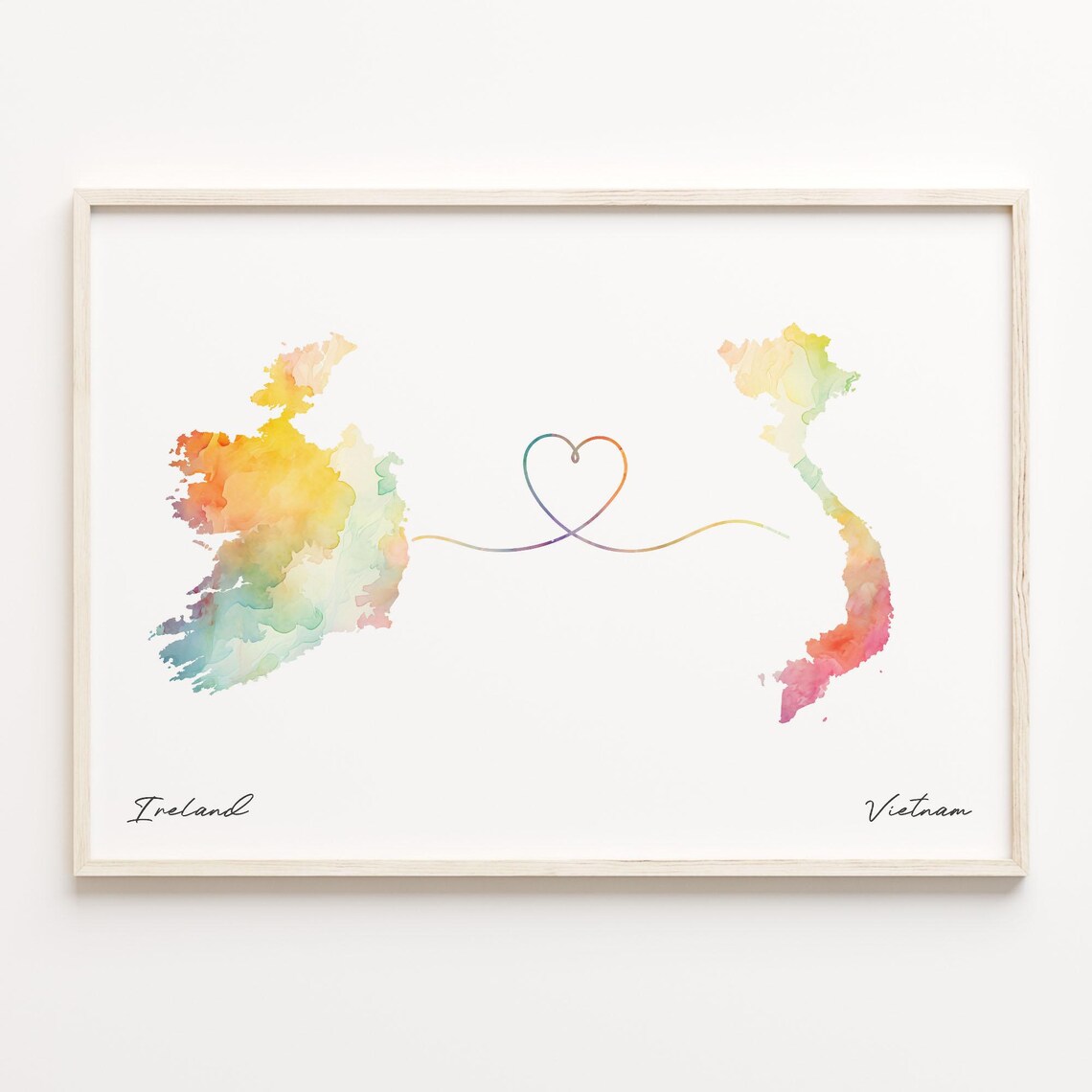 Ireland to Vietnam Watercolor Love Map Heart Connection Poster