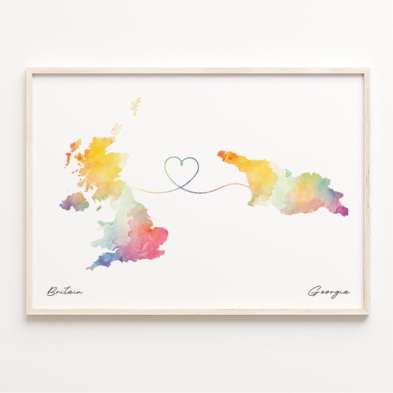 Britain to Georgia Watercolor Heart Connection Map Art Poster