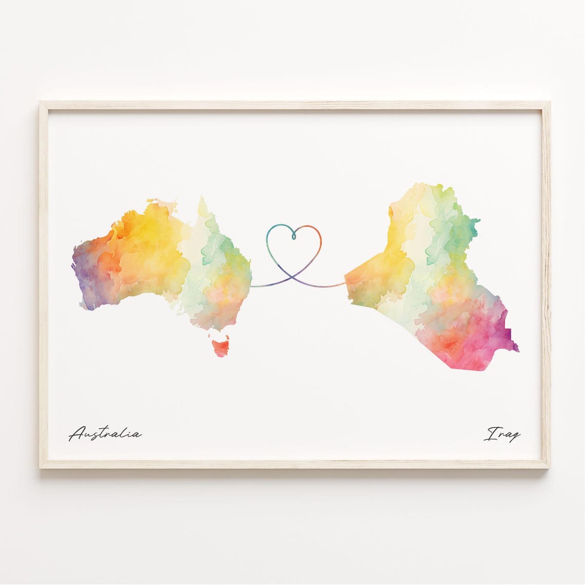 Australia to Iraq Watercolor Map Heart Connection Art Poster