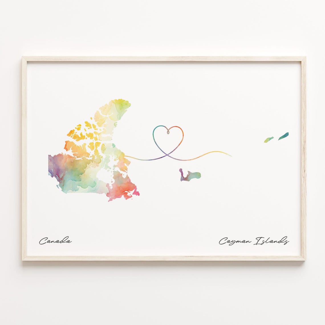 Canada and Cayman Islands Watercolor Map Heart Journey Poster