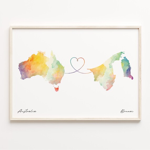 Australia To Brunei Watercolor Heart Map Long Distance Gift Poster