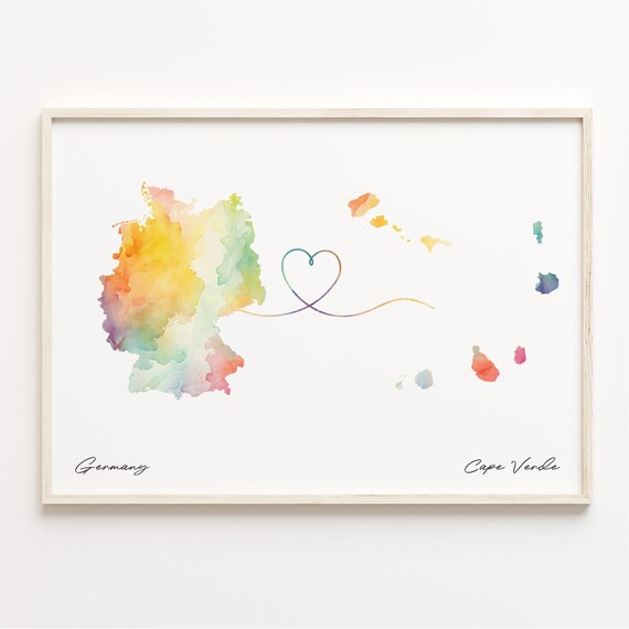 Germany To Cape Verde Watercolor Heart Connection Map Gift Print