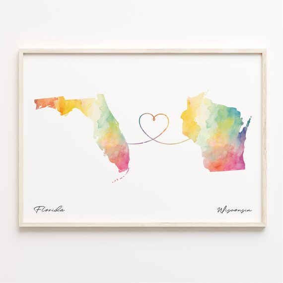 Florida to Wisconsin Watercolor State Map Heart Love Connection Poster
