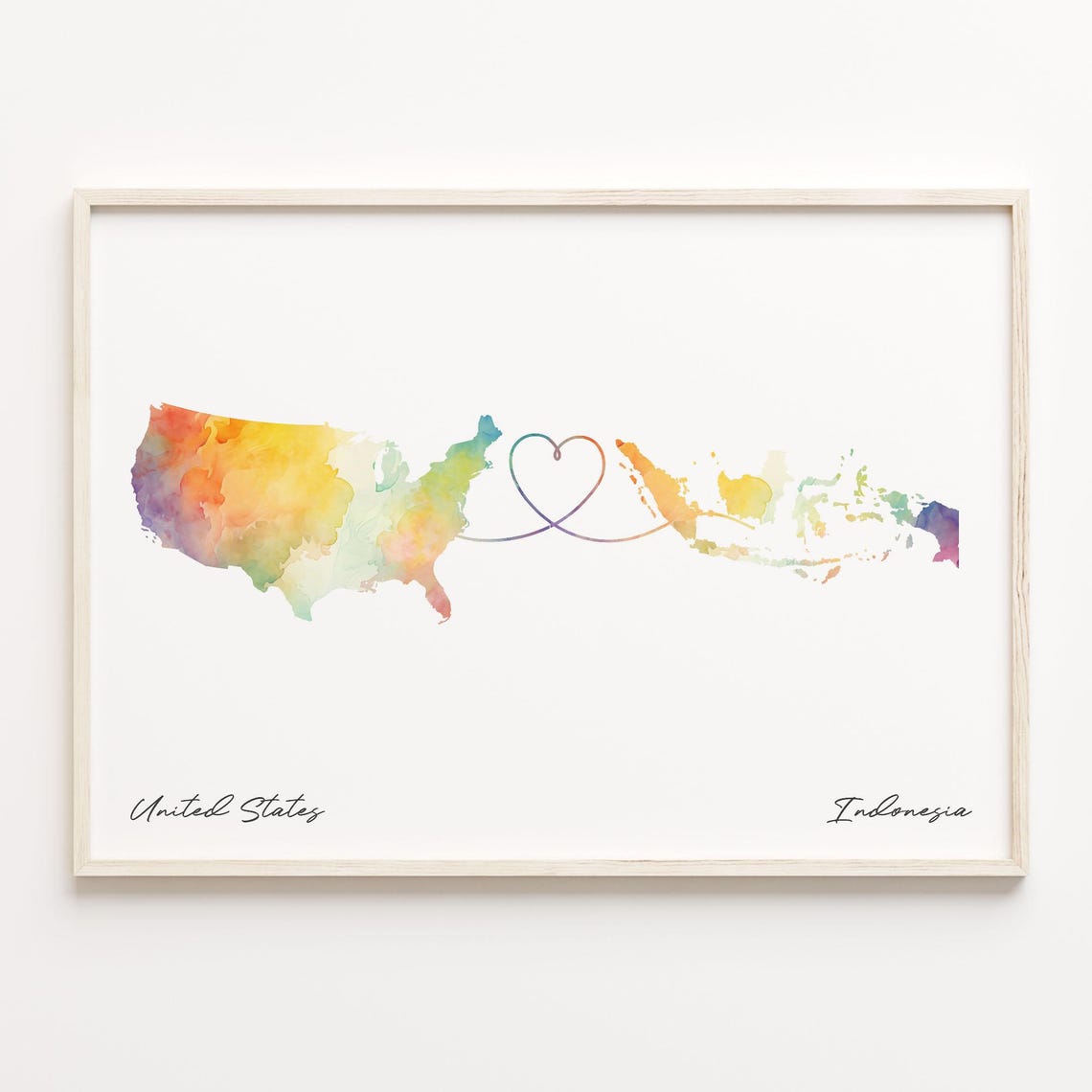 United States To Indonesia Watercolor Heart Map Connection Poster
