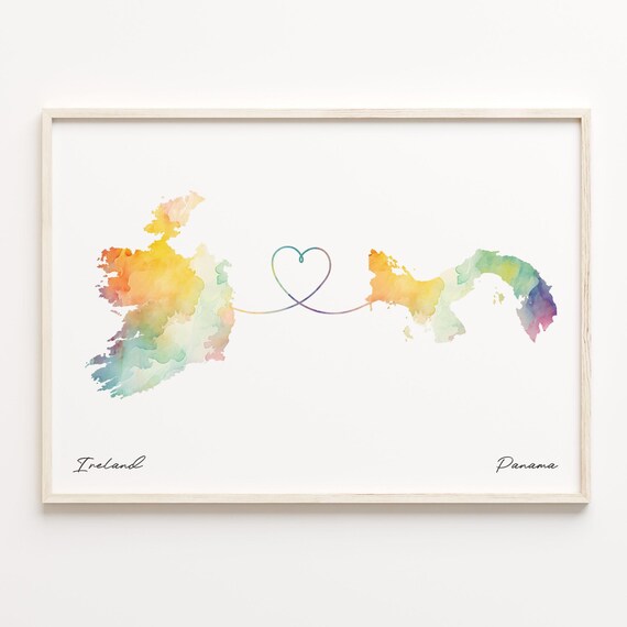 Ireland to Panama Heart Map Long Distance Love Keepsake Art Print