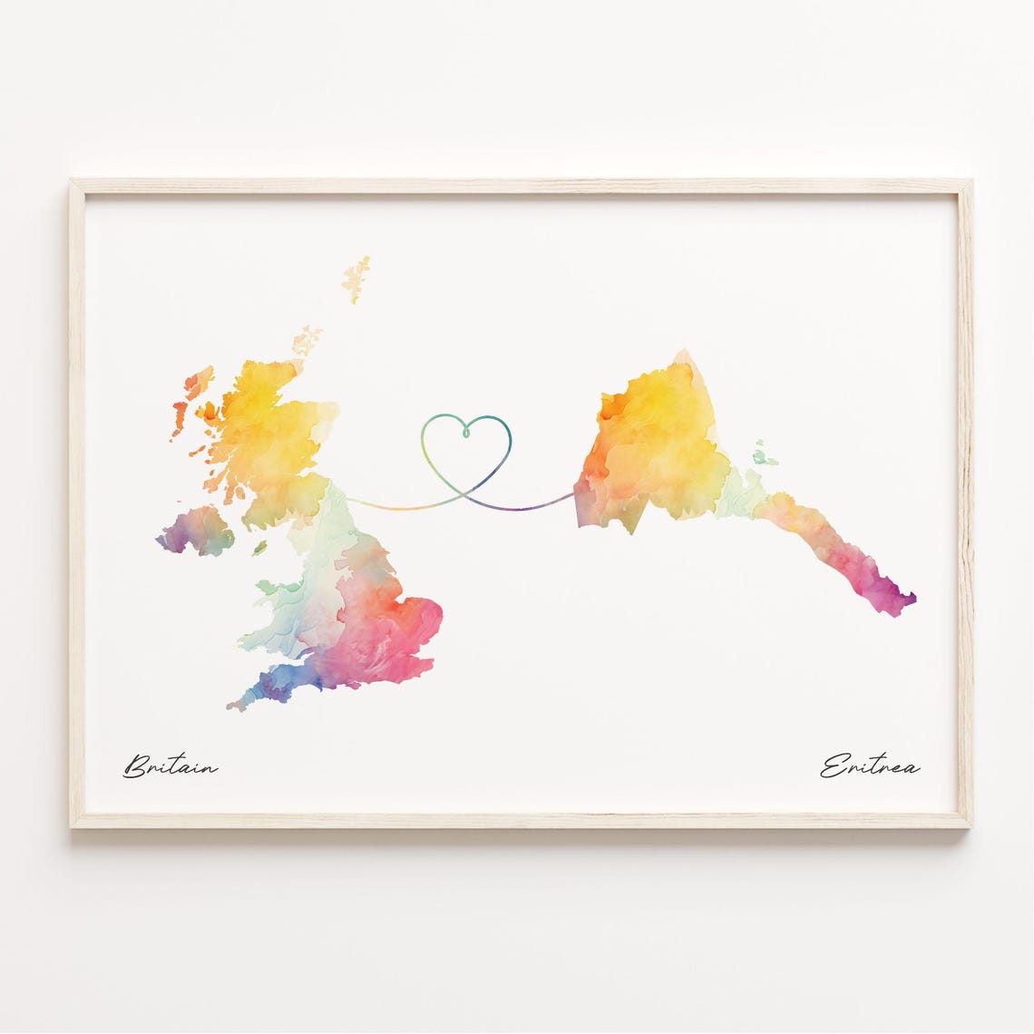 Britain to Eritrea Watercolor Heart Connection Map Art Poster