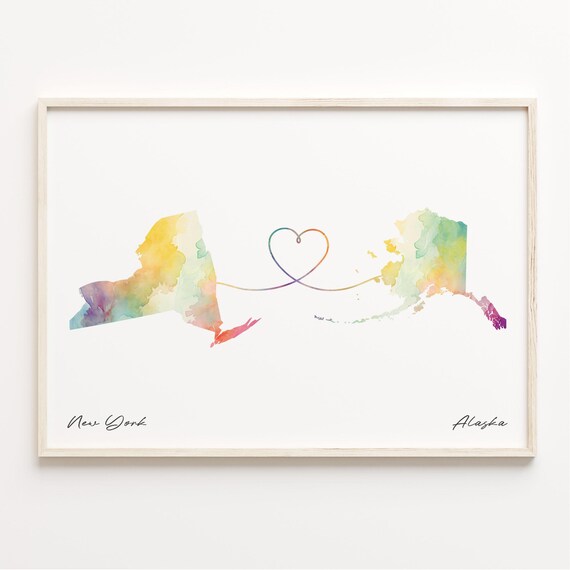 New York to Alaska Watercolor Map with Heart Connection Line Art Print