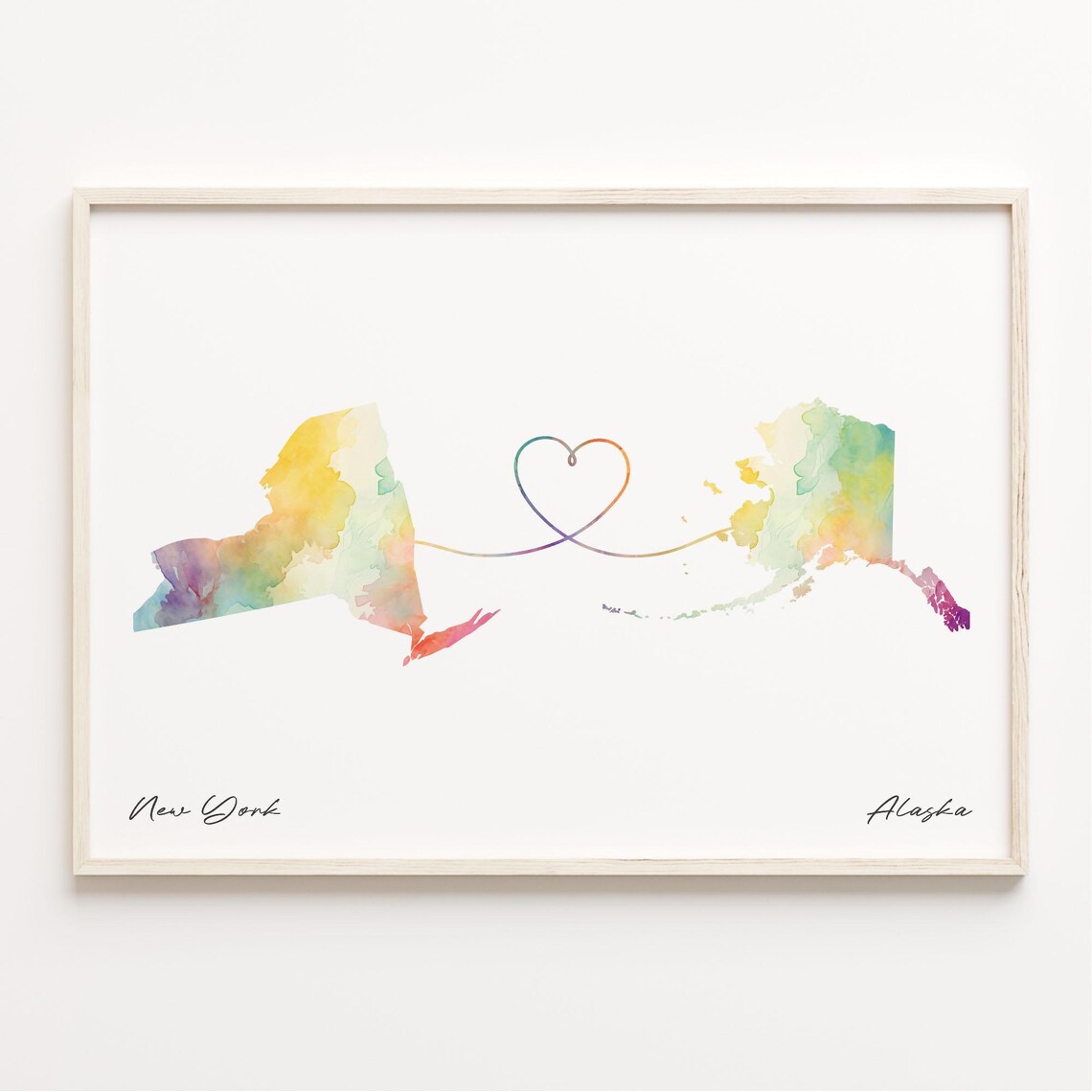 New York to Alaska Watercolor Map with Heart Connection Line Art Print