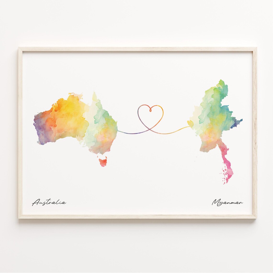 Australia to Myanmar Watercolor Map Heart Connection Art Poster