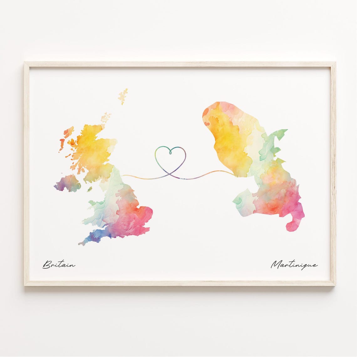 Britain to Martinique Watercolor Heart Map Long Distance Poster