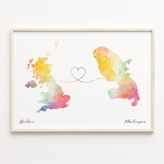 Britain to Martinique Watercolor Heart Map Long Distance Poster
