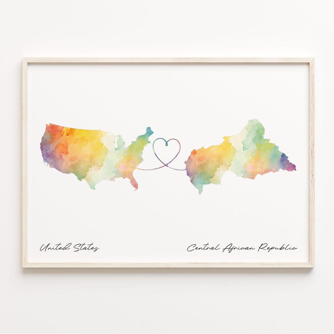 United States To Central African Republic Watercolor Heart Map Poster