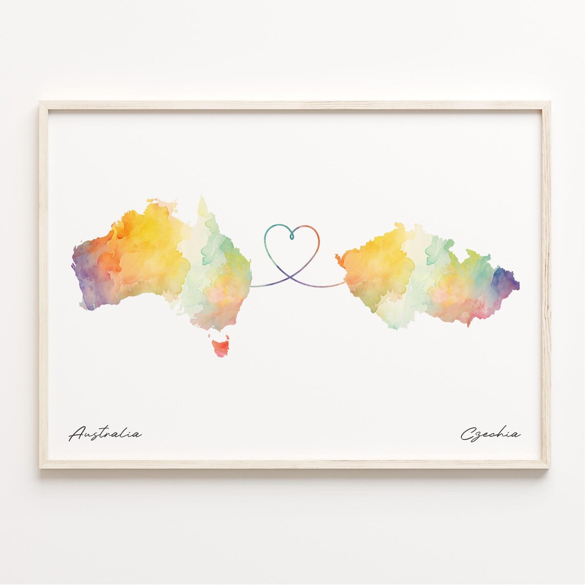 Australia to Czechia Watercolor Map Heart Connection Art Print