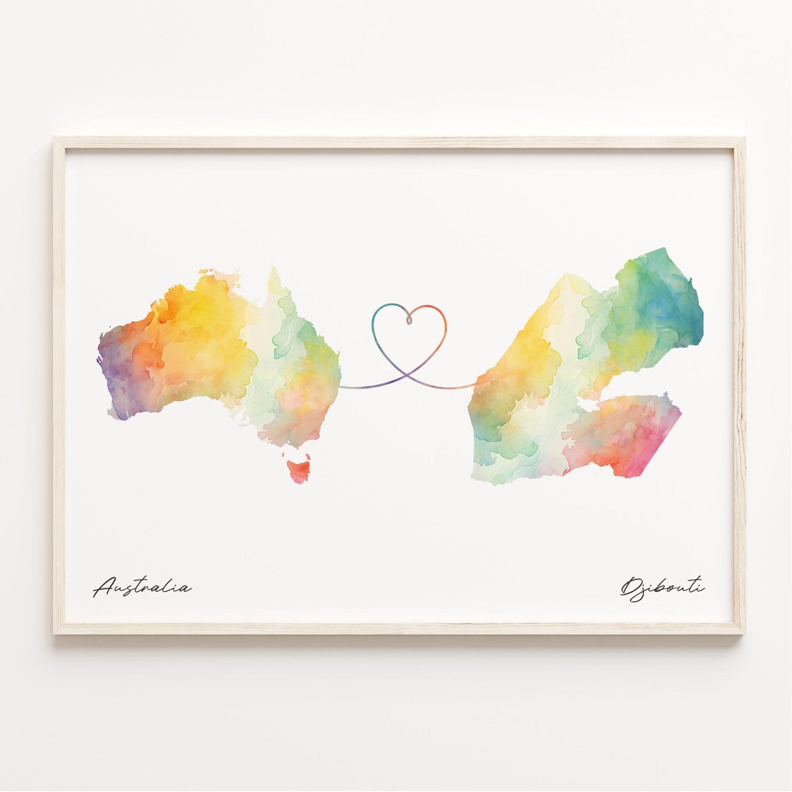 Australia To Djibouti Watercolor Heart Map Long Distance Love Wall Art