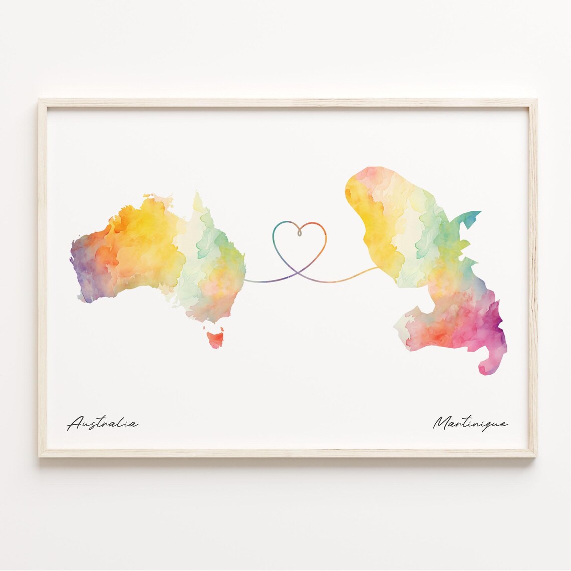 Australia To Martinique Long Distance Love Watercolor Map Print