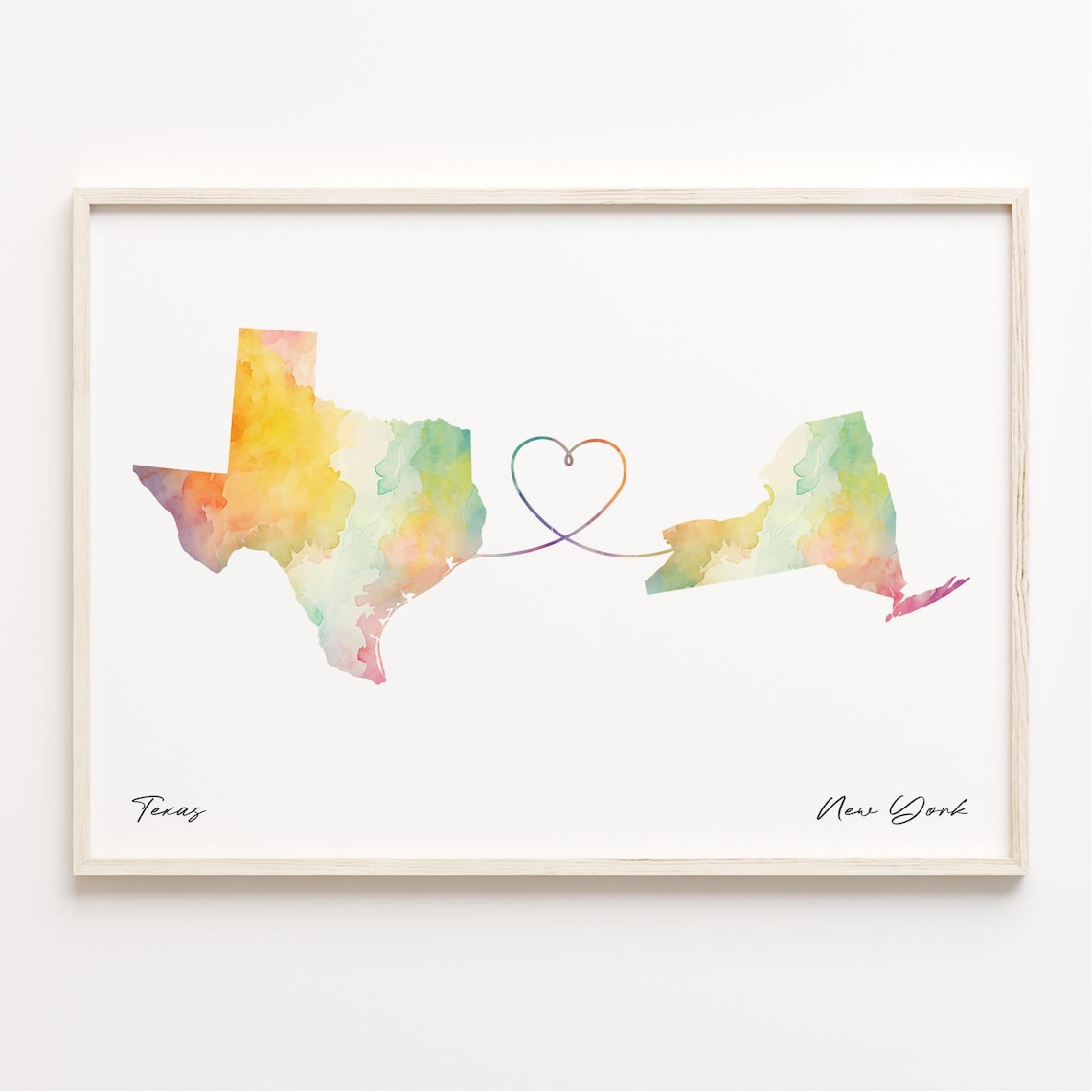 Texas To New York Watercolor State Map Heart Long Distance Love Art Poster
