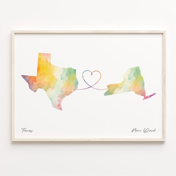 Texas To New York Watercolor State Map Heart Long Distance Love Art Poster