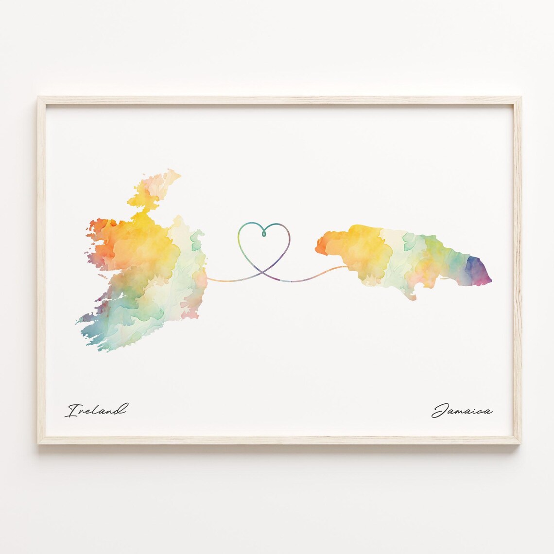 Ireland to Jamaica Watercolor Map Love Poster Heart Travel Gift Art