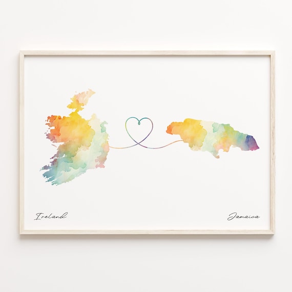 Ireland to Jamaica Watercolor Map Love Poster Heart Travel Gift Art