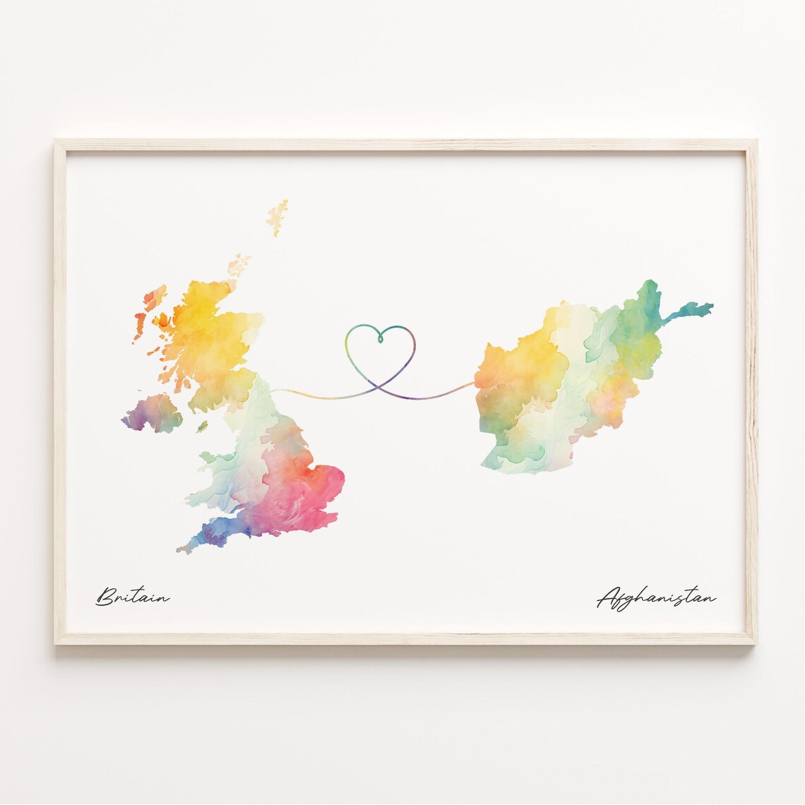 Britain to Afghanistan Watercolor Map Heart Travel Art Poster
