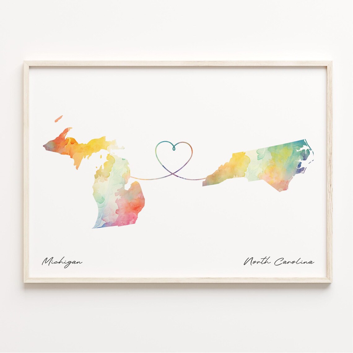 Michigan To North Carolina Watercolor Heart Map Long Distance Poster