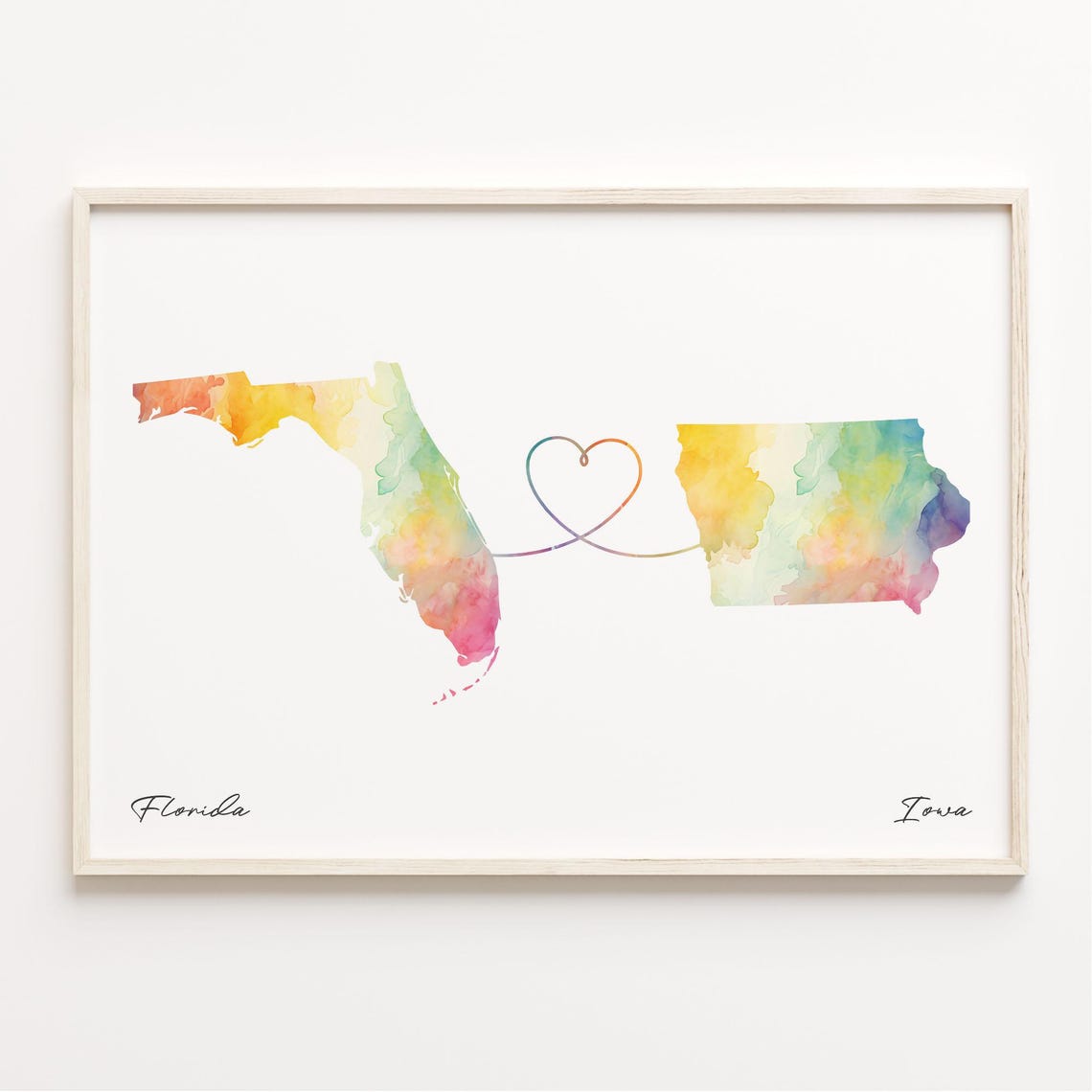 Florida Iowa Watercolor Map Heart Long Distance Relationship Poster