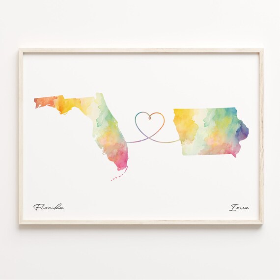 Florida Iowa Watercolor Map Heart Long Distance Relationship Poster
