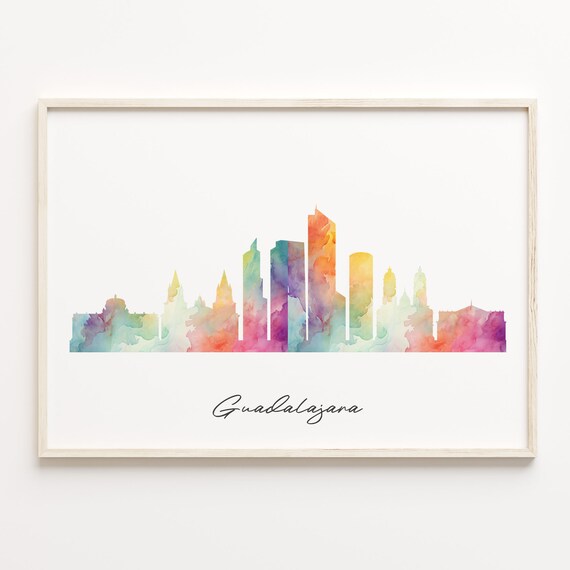 Guadalajara Mexico Rainbow Wash Watercolor Skyline Cityscape Poster