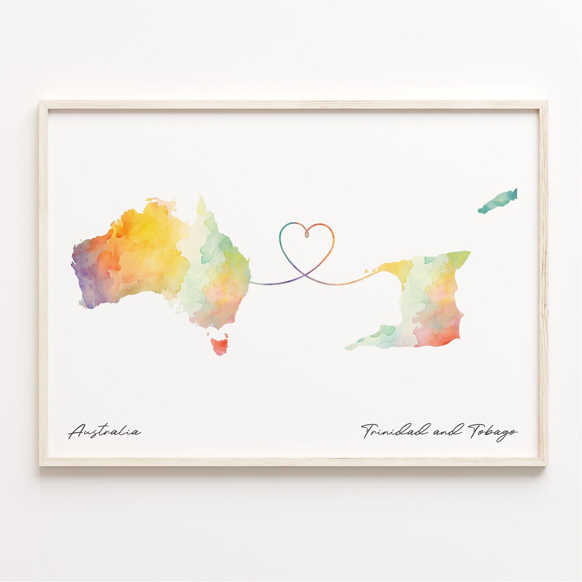 Australia to Trinidad and Tobago Watercolor Map Heart Connection Poster