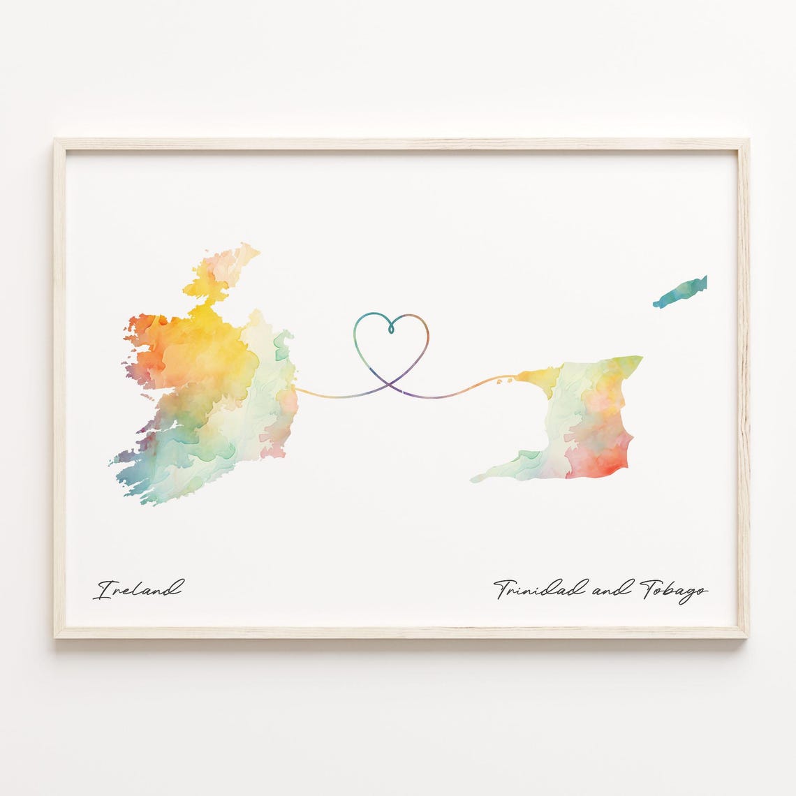 Ireland to Trinidad and Tobago Watercolor Map Heart Print Art