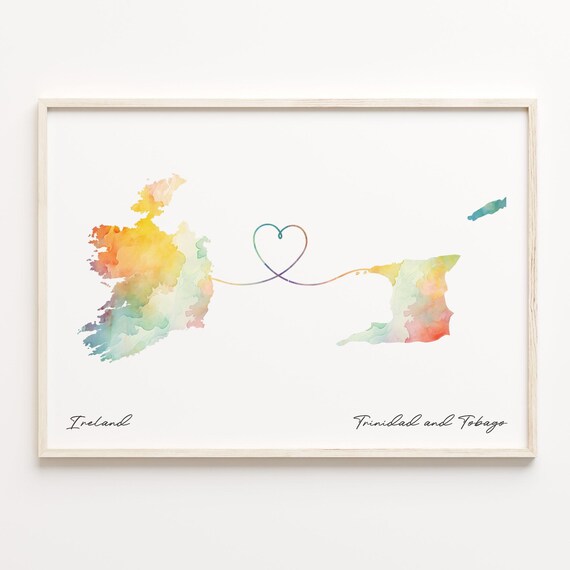 Ireland to Trinidad and Tobago Watercolor Map Heart Print Art