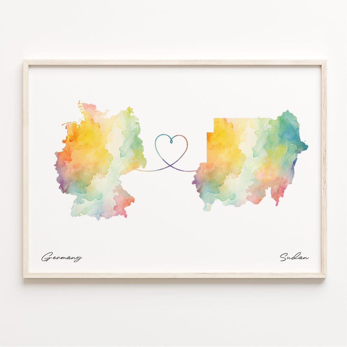 Germany To Sudan Heart Loop Watercolor Map Couples Gift Poster