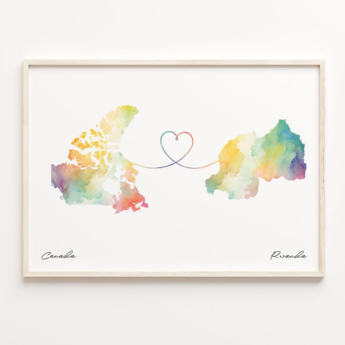 Canada To Rwanda Watercolor Heart Map Long Distance Gift Poster