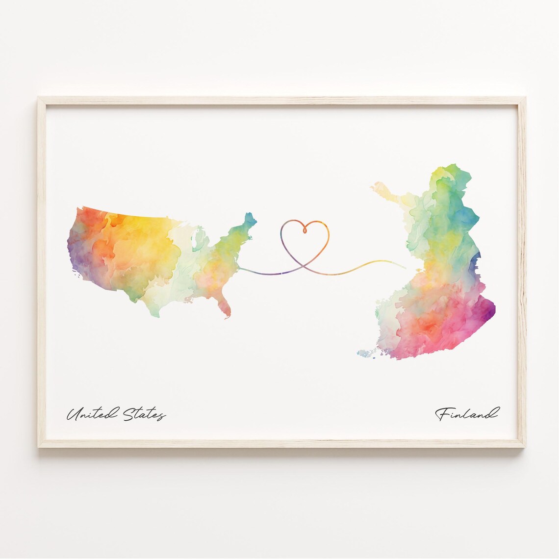 United States To Finland Watercolor Map Heart Line Connection Poster