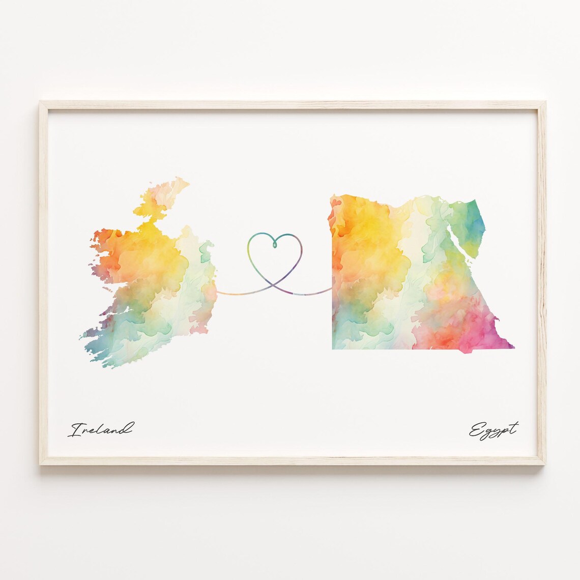 Ireland To Egypt Watercolor Map Heart Line Connection Poster
