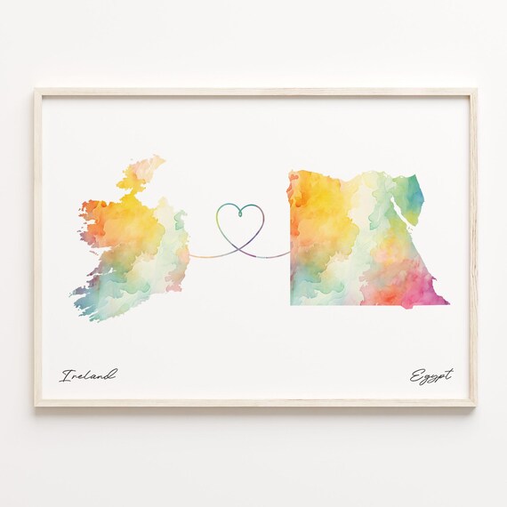 Ireland To Egypt Watercolor Map Heart Line Connection Poster