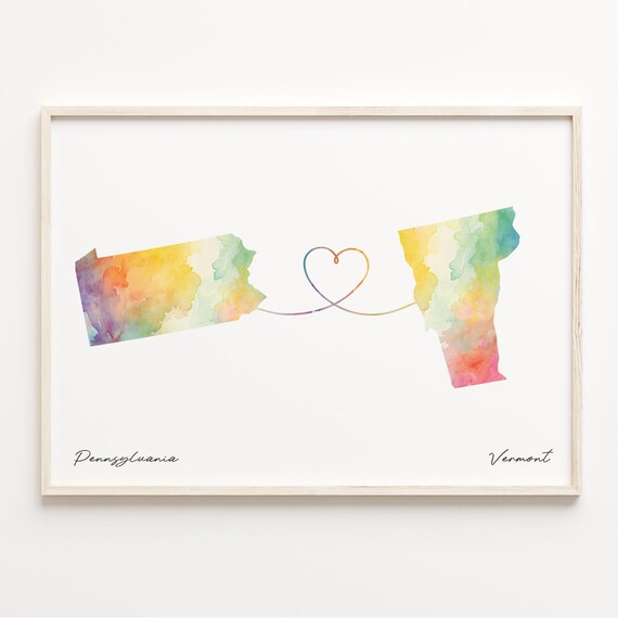Pennsylvania To Vermont Watercolor Map With Heart Line Poster