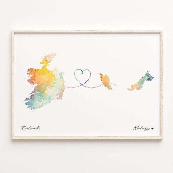 Ireland to Malaysia Watercolor Map Love Poster Heart Travel Gift Art