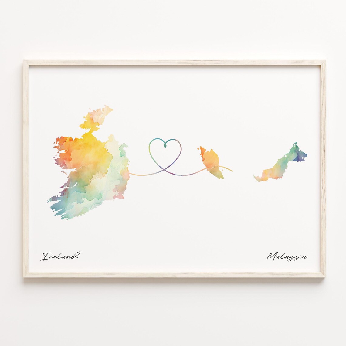 Ireland to Malaysia Watercolor Map Love Poster Heart Travel Gift Art