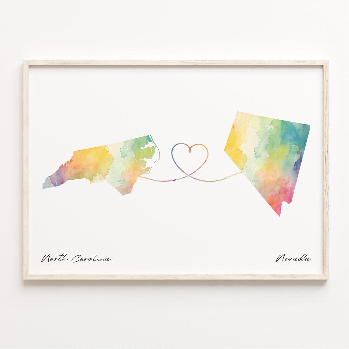 North Carolina Nevada Watercolor Map Long Distance Heart Connection Poster