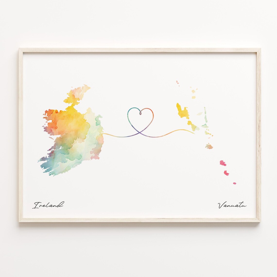 Ireland To Vanuatu Watercolor Heart Connection Map Art Poster