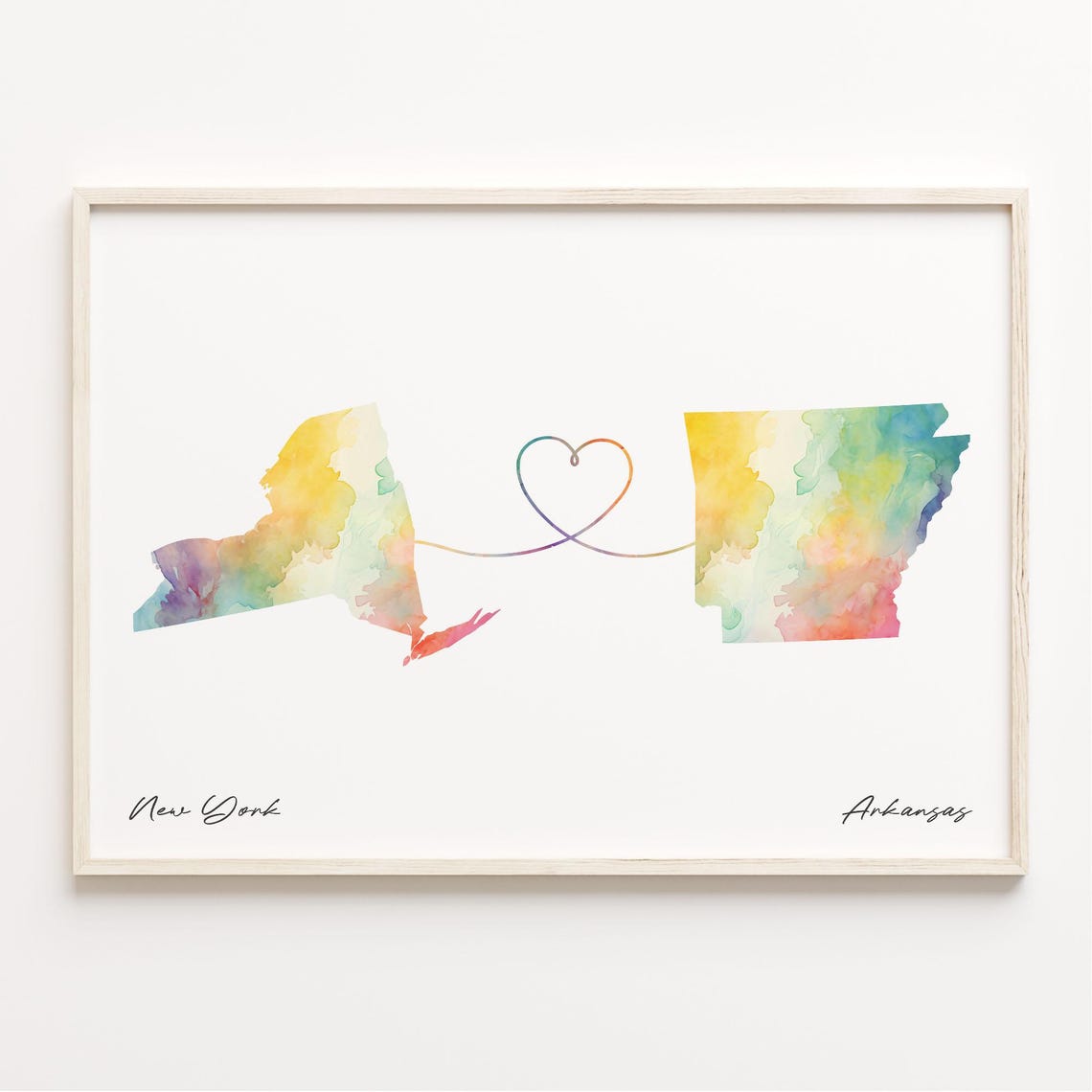 New York To Arkansas Watercolor Map Poster With Heart Connection Art