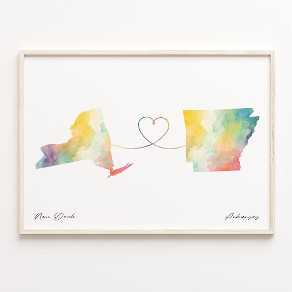 New York To Arkansas Watercolor Map Poster With Heart Connection Art