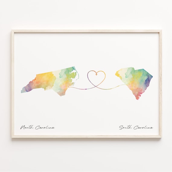 North Carolina to South Carolina Heart Line Watercolor Map Love Art Print