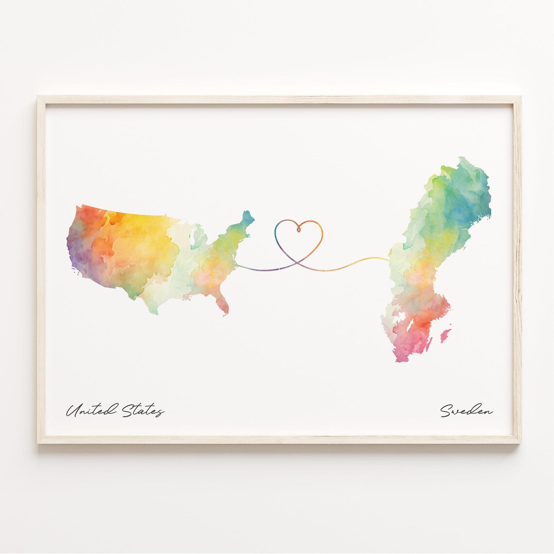 Us To Sweden Watercolor Map Poster, Travel Art Print
